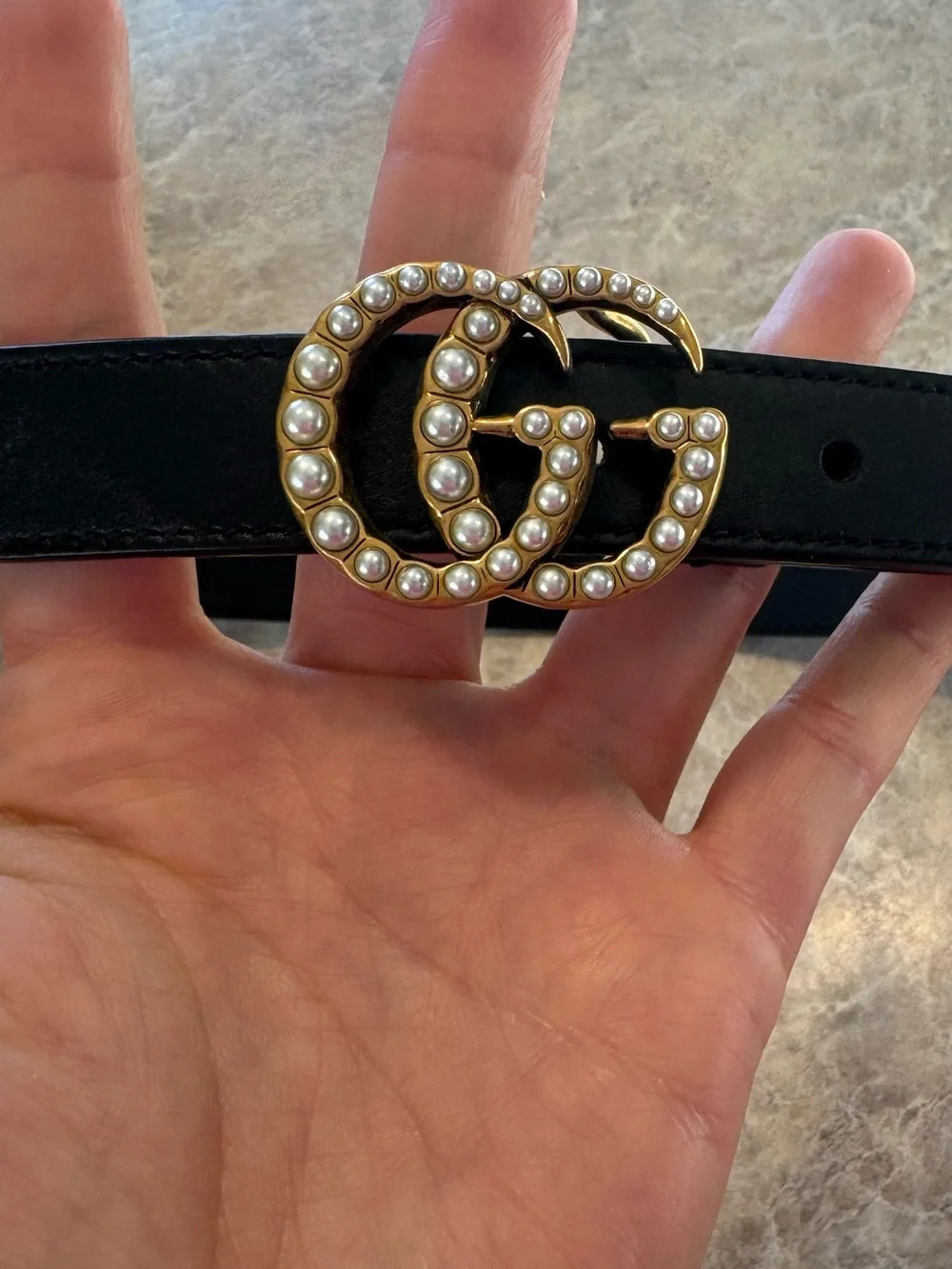 Gucci Black Leather Belt with Pearl-Embellished Double G Buckle